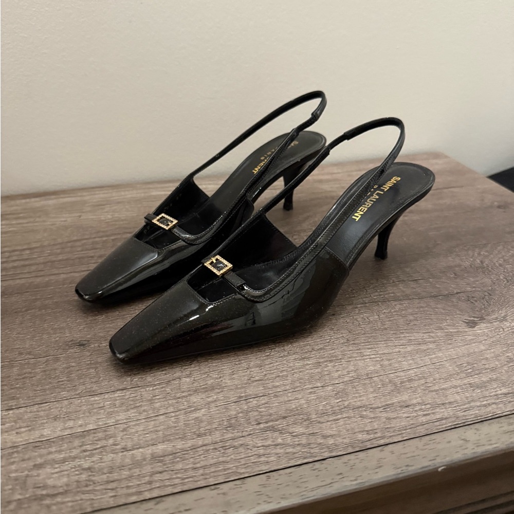 Yves Saint Laurent Black Slingback Heels with Metal Detail